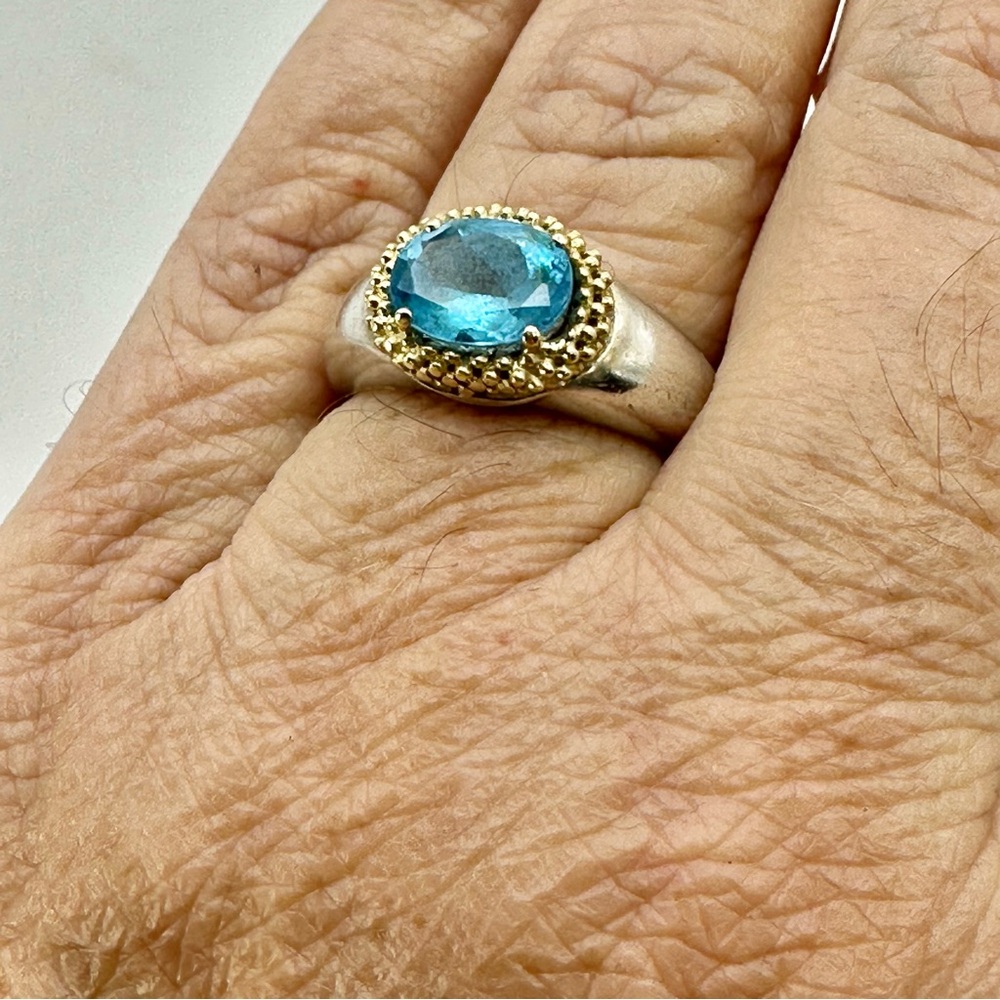 Lagos Caviar Silver & Gold Faceted Blue Topaz Ring Size 7 - Picture 12 of 13